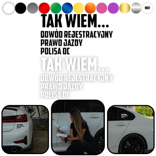 DOWÓD REJESTRACYJNY PRAWO JAZDY POLISA OC - Naklejka na samochód na auto KOLOR  