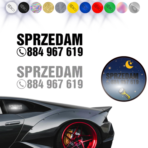 Napis SPRZEDAM + numer telefonu - Naklejka na samochód na auto ODBLASKOWA