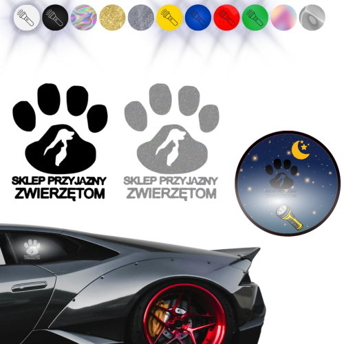 SKLEP PRZYJAZNY ZWIERZĘTOM - Naklejka na samochód na auto ODBLASKOWA