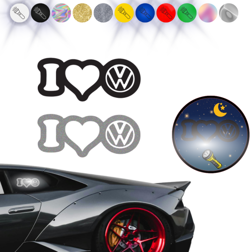 I LOVE VW Logo - Naklejka na samochód na auto ODBLASKOWA