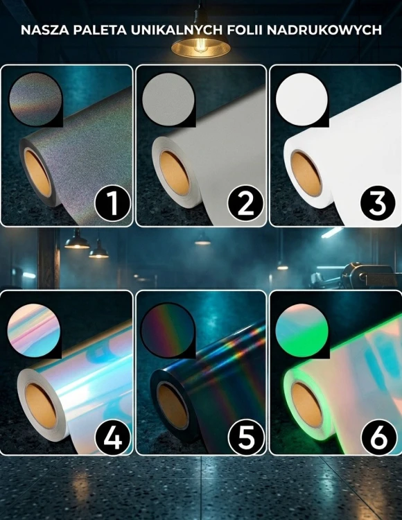 Paleta kolorów folii do nadruku custom - odblask, holo, cameleon fluo