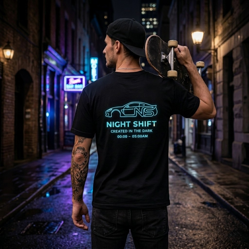 Męski t-shirt motoryzacyjny Night Shift na modelu - styl miejski custom