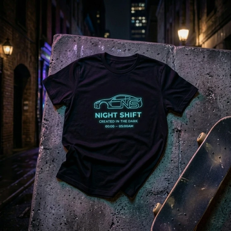 Koszulka NIGHT SHIFT czarna rzucona na beton - streetwearowy design motoryzacyjny