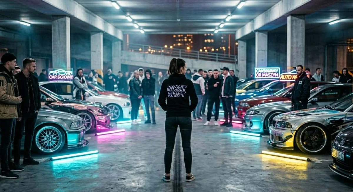 Kierowca w bluzie Night Shift w aucie BMW nocą